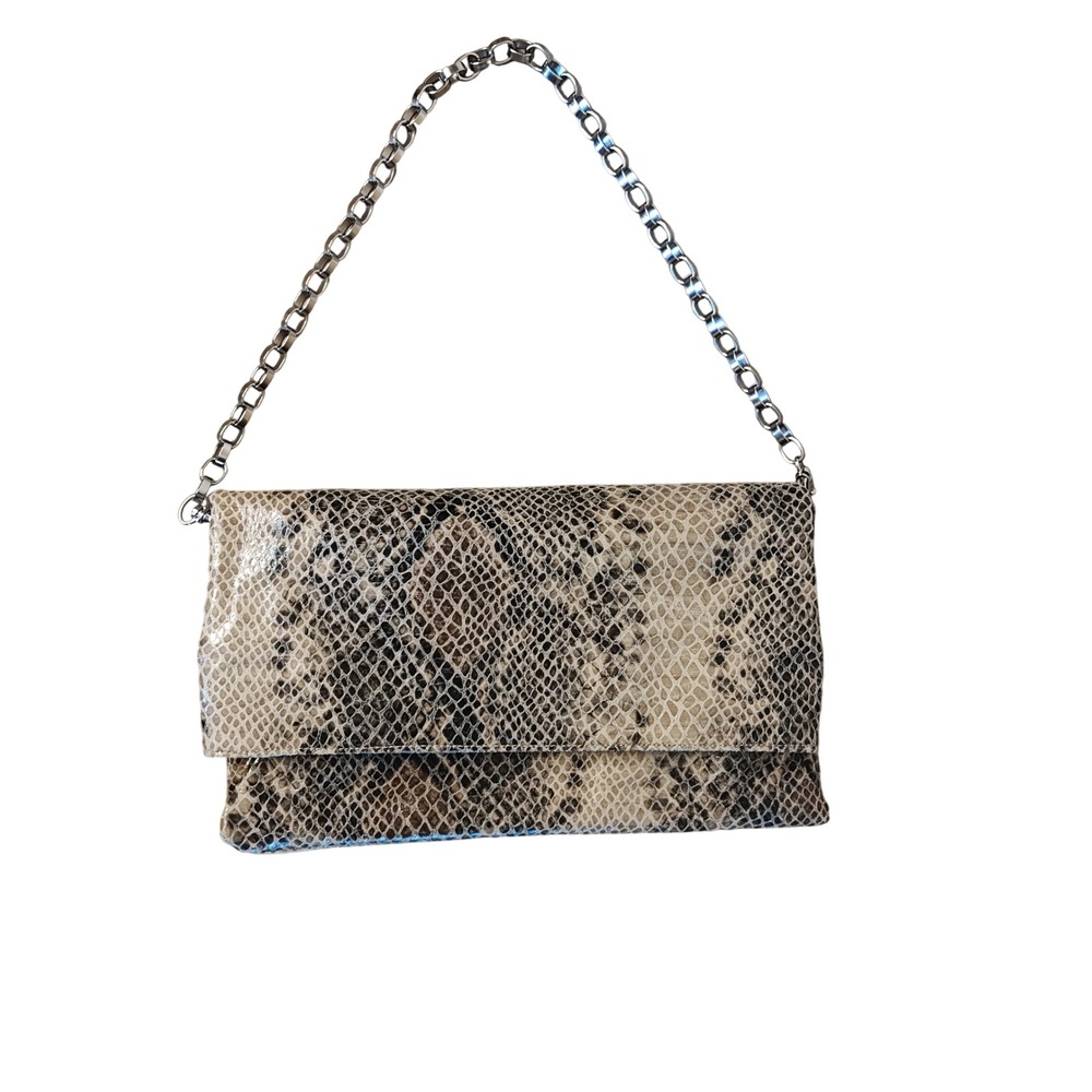 Alfani Foldover Clutch Bag Womens Medium Beige Brown Faux Snakeskin Chain Strap